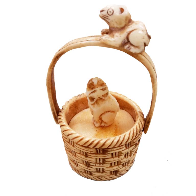 OX BONE CARVED BASKET W/ CAT AND MOUSE